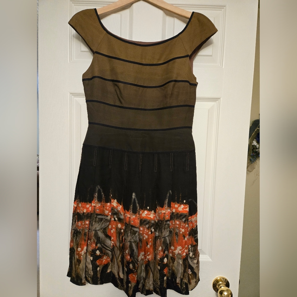 Zac Posen Ombre Beige and Brown Midi Dress with Orange Details